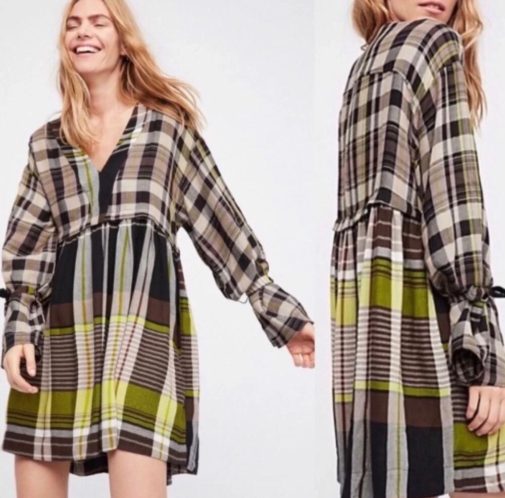 Free People Falling Stars Plaid Mini Dress Boho Relax Festival Women's S